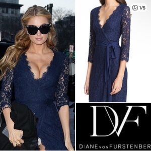 DVF Diane Von Furstenburg Julianna 3/4 Sleeve Navy Lace Wrap Dress Size 2